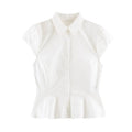 Front view white collared peplum blouse with cap ruched sleeves and button placket