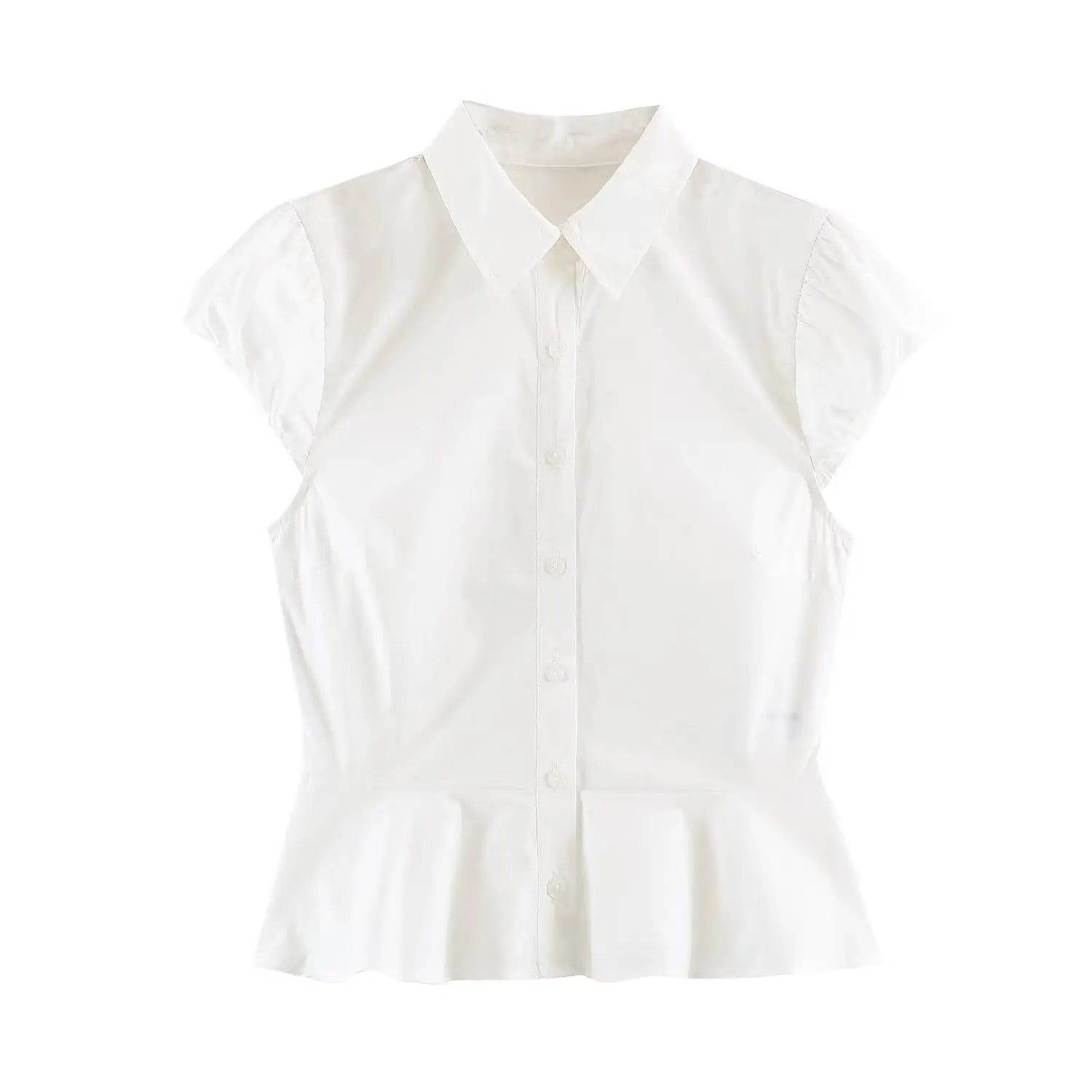 Front view white collared peplum blouse with cap ruched sleeves and button placket