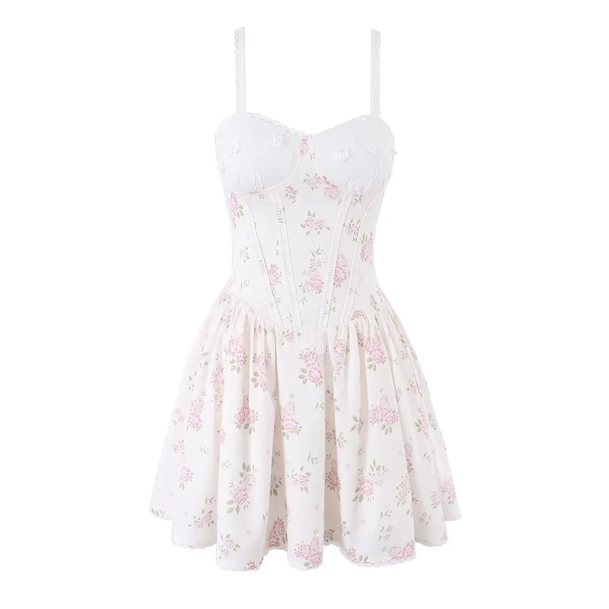 White bustier-style cami dress with pink floral print, full front view on white background