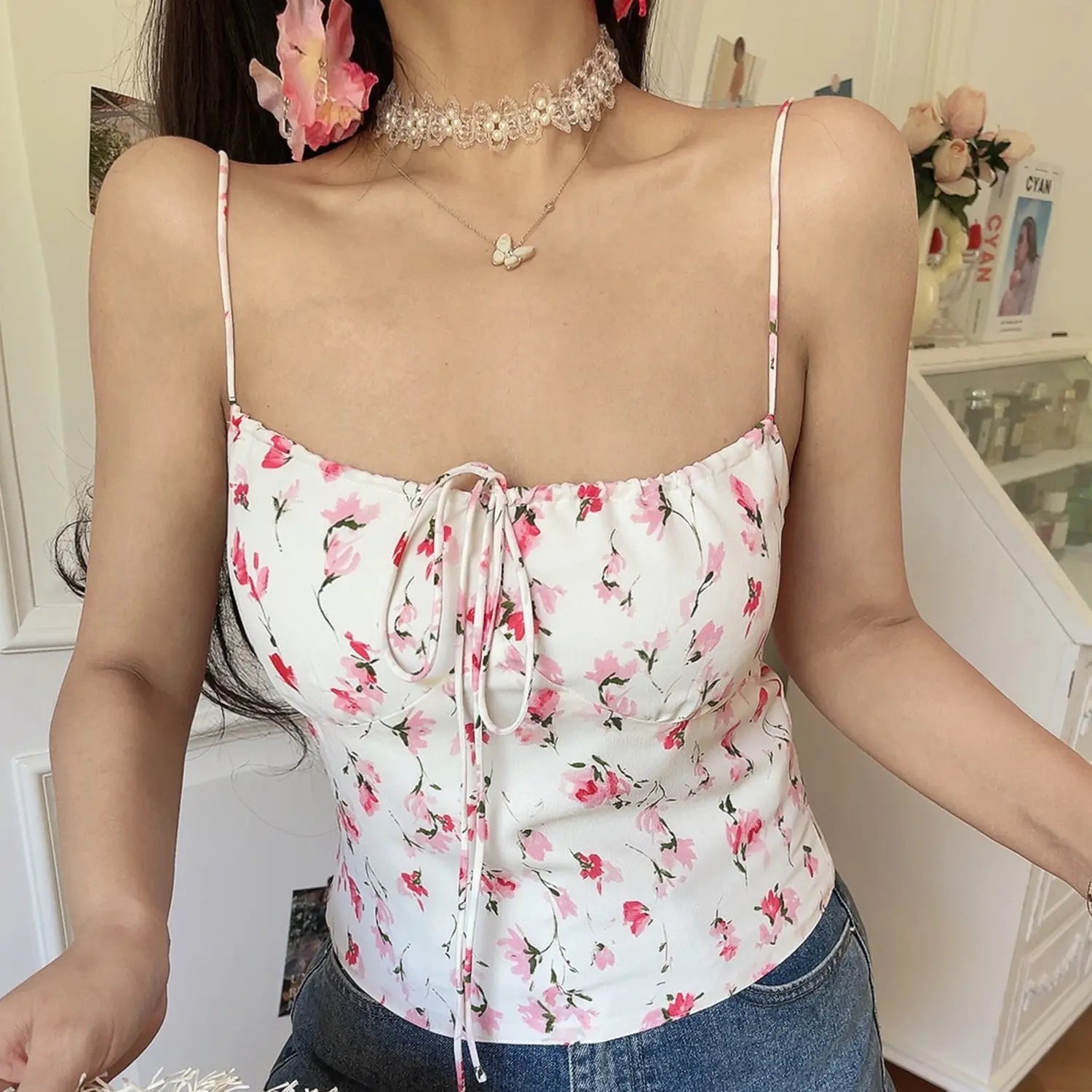 White pink watercolor floral tie cami fitted top, elastic square neck ruched bust cut, side front daily indoor model wearing photo