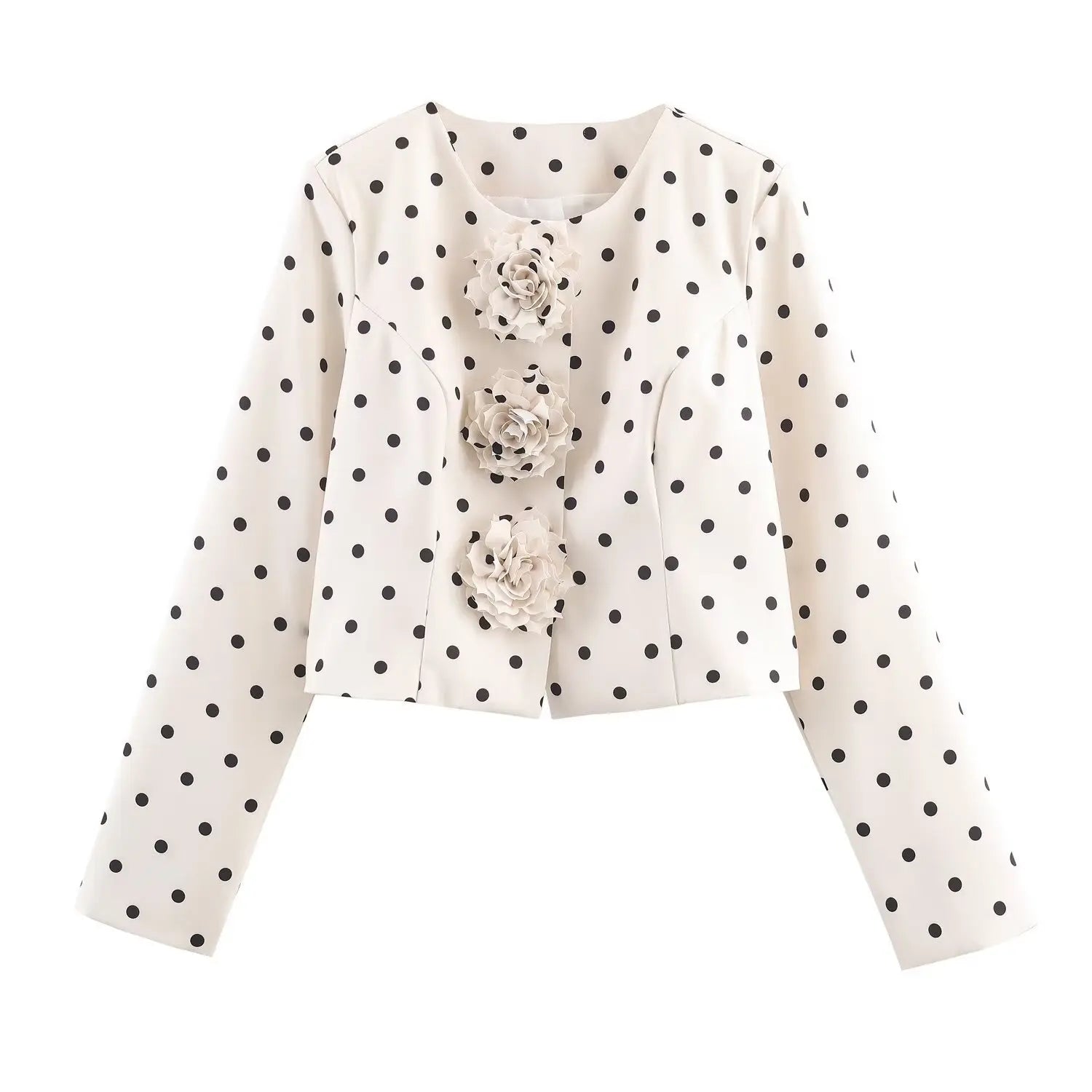 Front view white black polka dot cropped blazer decorated with three 3D fabric rose flowers, round neck long sleeve outerwear