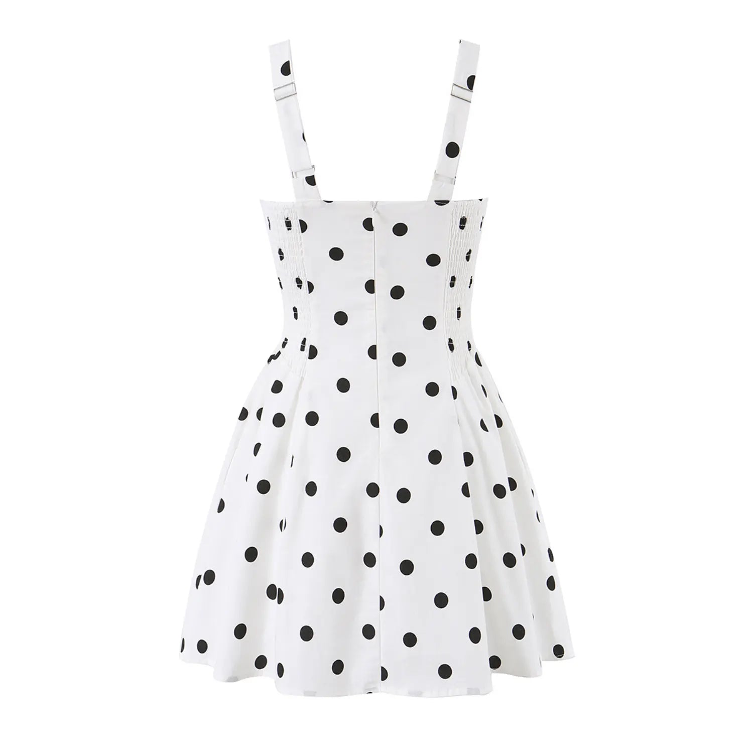 White big black polka dot mini cami dress full back flat lay, adjustable wide shoulder straps full smocked waist invisible back zipper white background shot