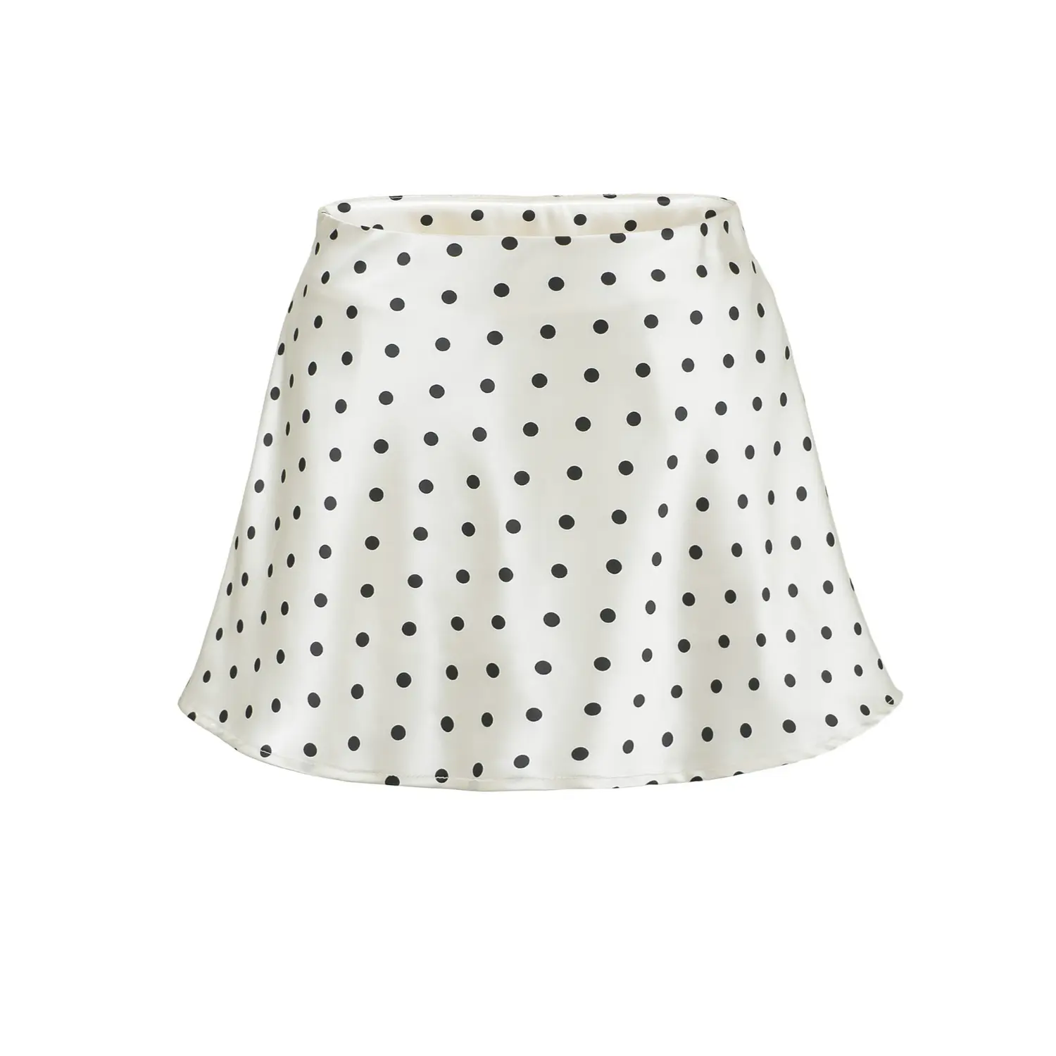 Front full view, high waist white black polka dot silky satin A-line mini skirt, plain white background