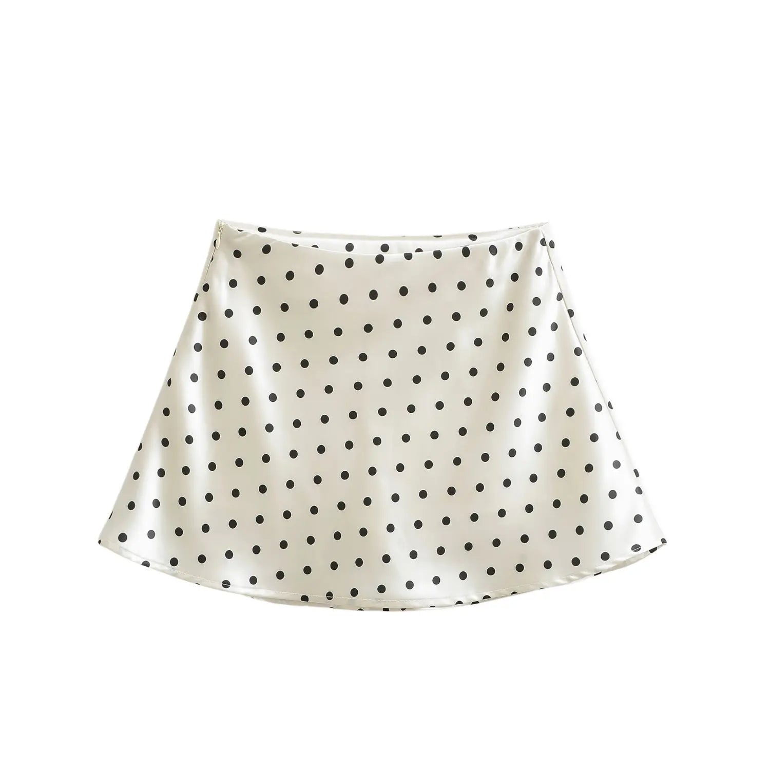 Back full shot of polka dot satin mini skirt, invisible side zipper, flared hem