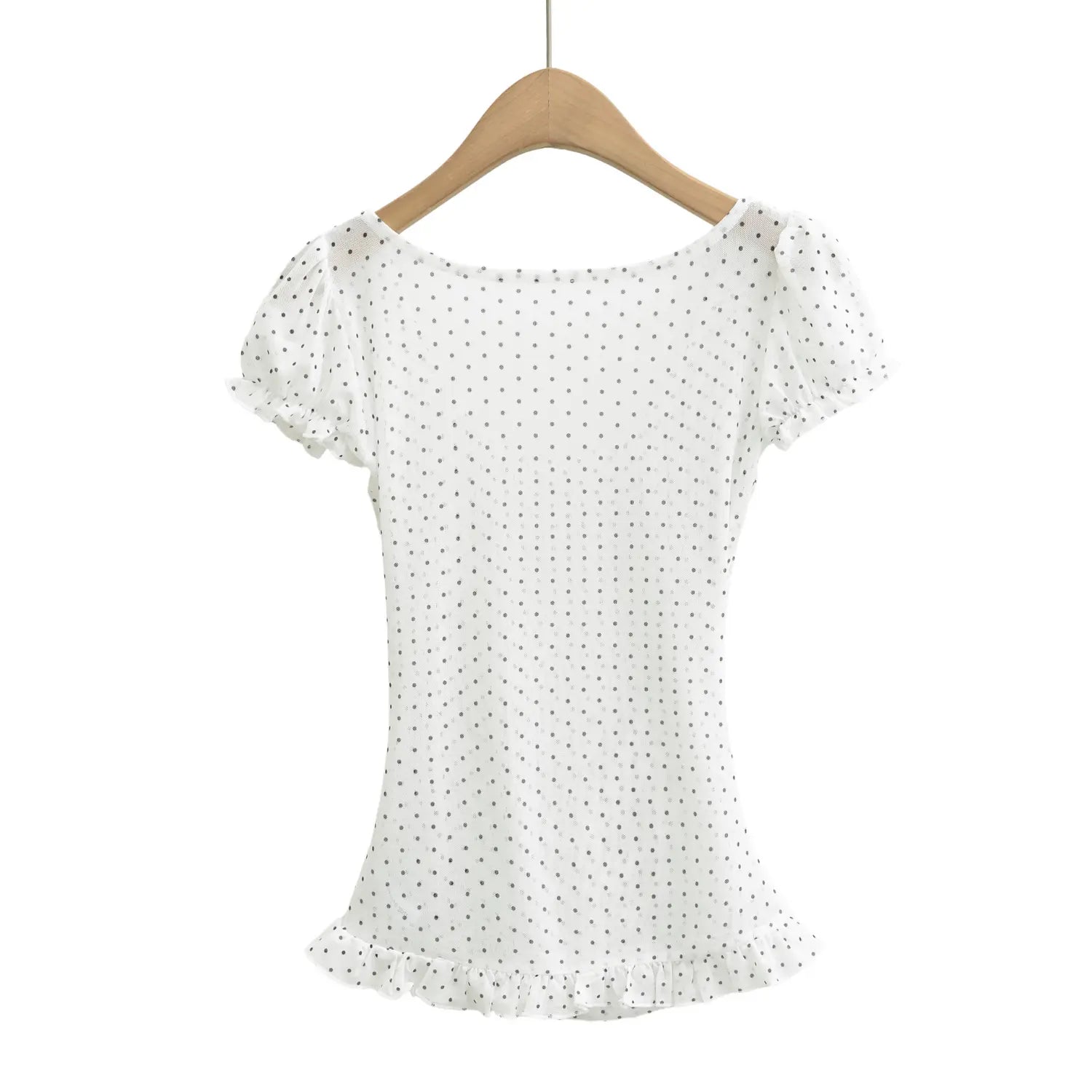 Back view hanging shot, white black dot mesh short sleeve top, smooth back silhouette with frilled hem trim