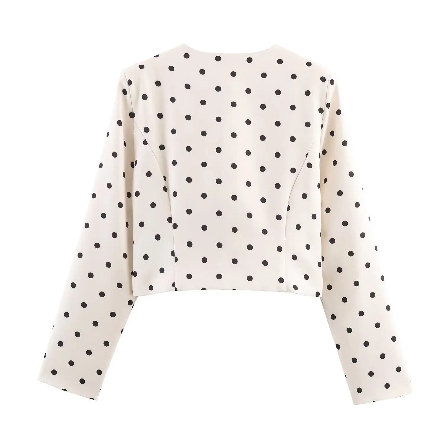 Flat lay back view of white black polka dot cropped long sleeve jacket, plain back without flower decor