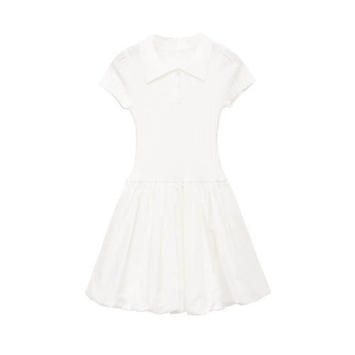 Full front view on white background of the white polo-collar knit dress with balloon hem