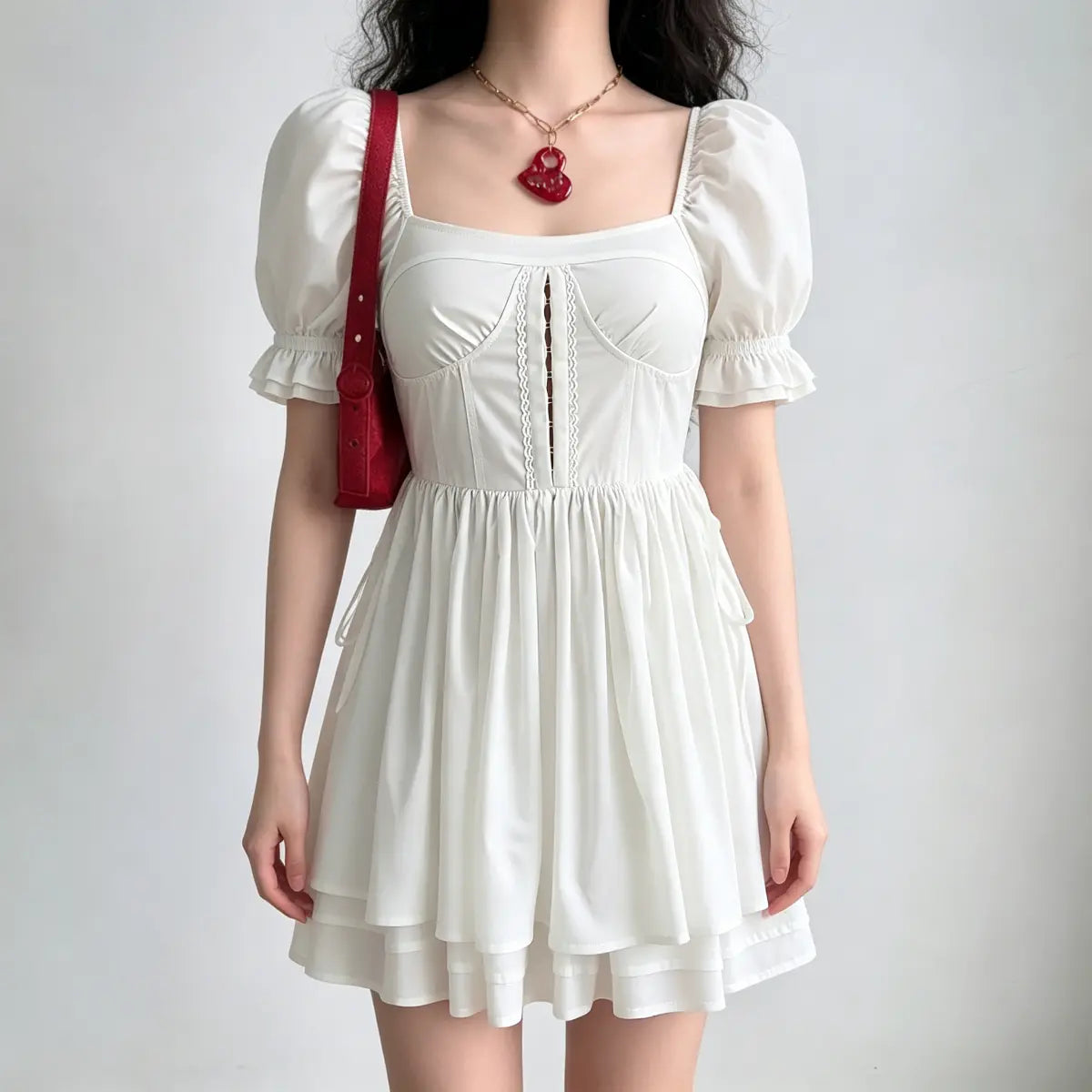 Model wearing a white puff-sleeve mini dress with a square neckline, lace-trimmed keyhole front, and layered skirt, carrying a red handbag.

