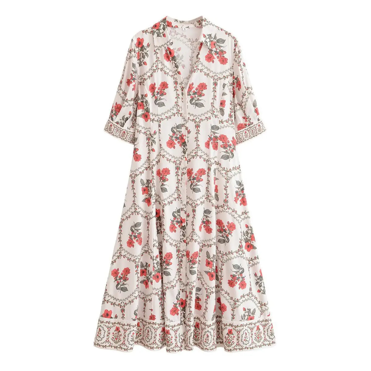 Full length view of white maxi shirt dress with red botanical floral print, collar, button front and relaxed tiered skirt