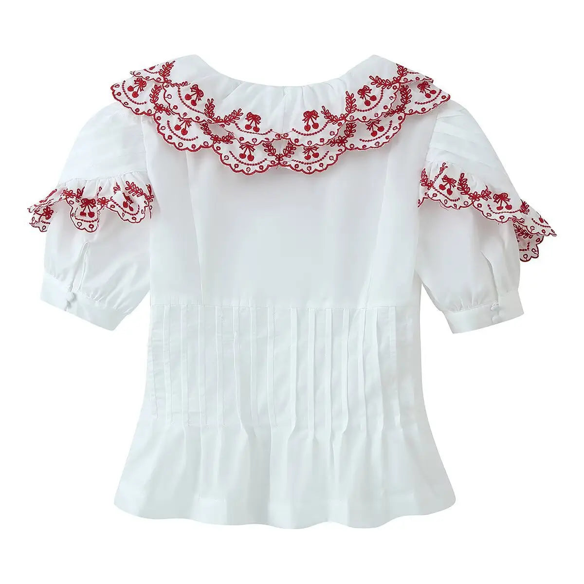 Back view of the white blouse, showing the continuous red embroidered ruffled collar, pleated bodice, and puffed sleeves with cuffed ends.