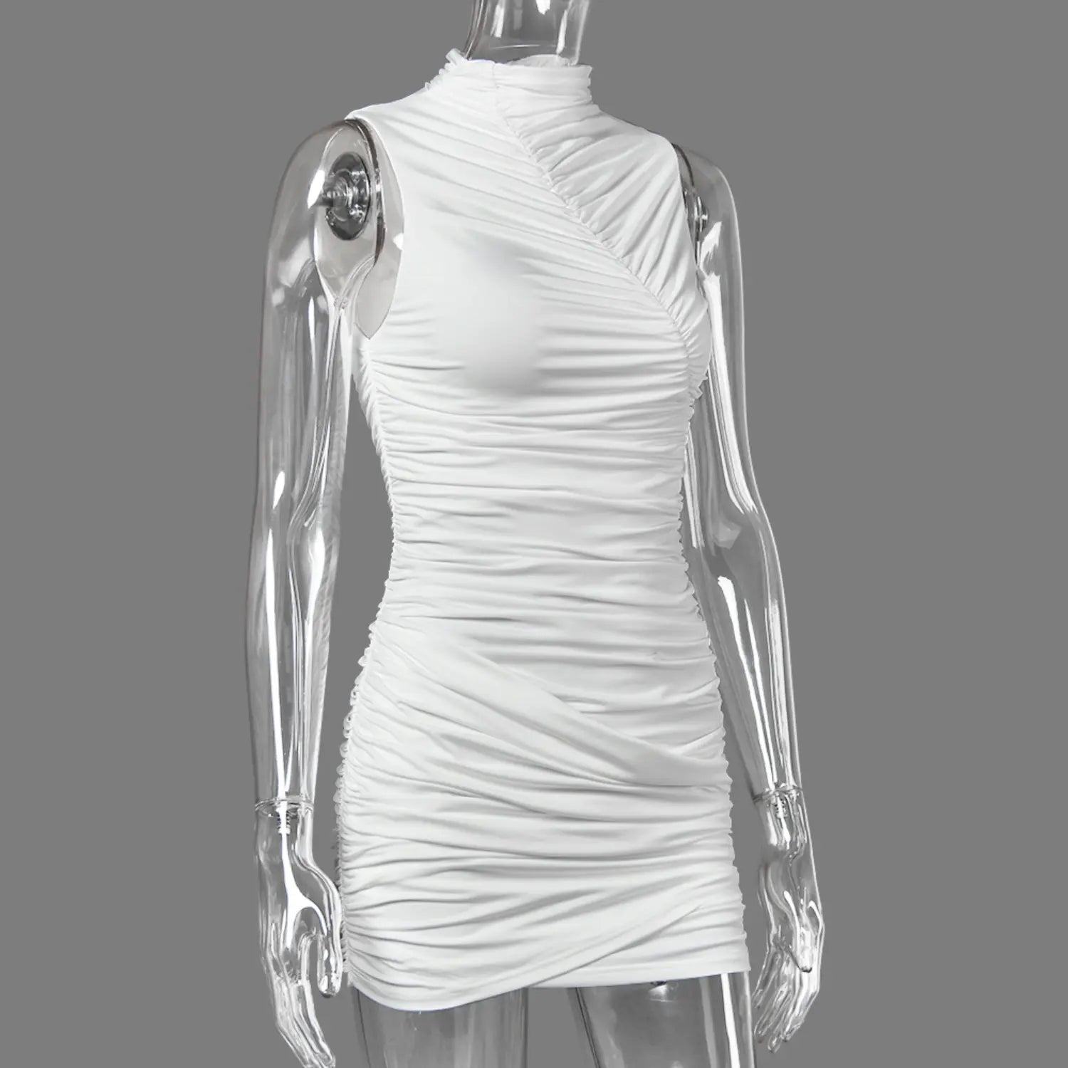 Side profile shot white high neck sleeveless ruched stretchy bodycon short dress on transparent mannequin