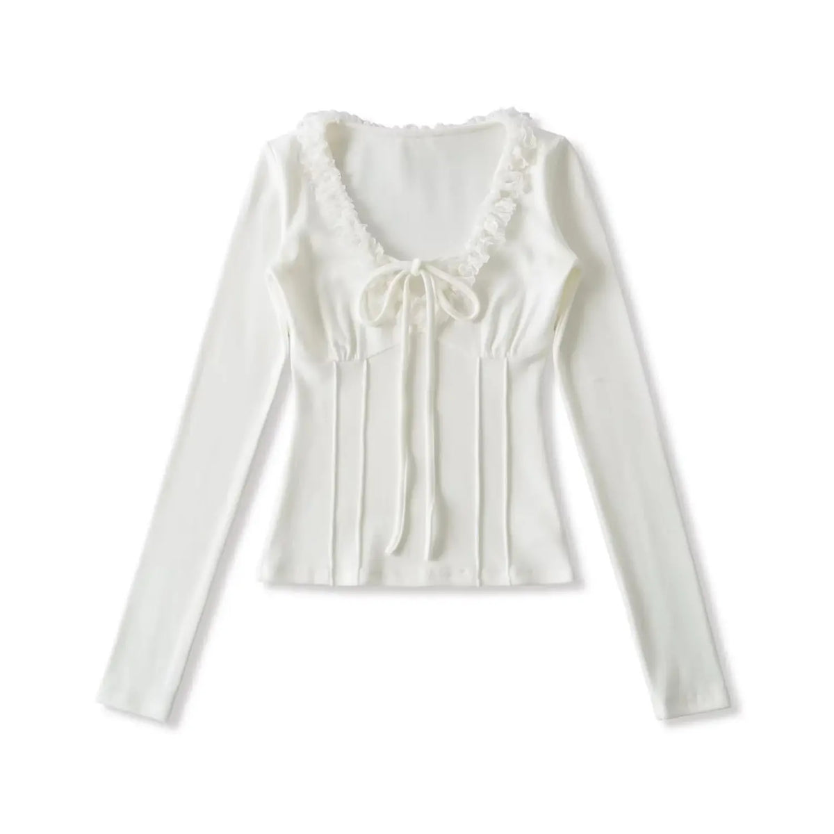 Women white long sleeve top, ruffle trim V-neck, tie front detail, corset-inspired seam, slim fitted bodycon