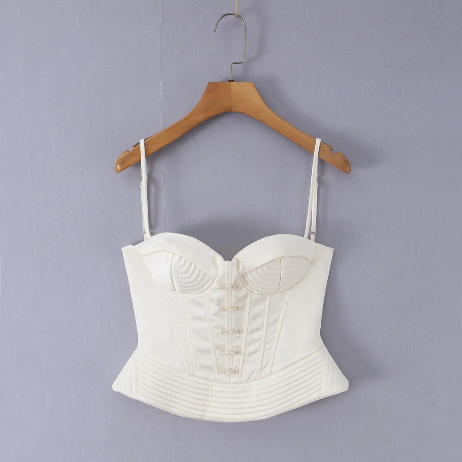 White satin camisole corset top, sweetheart bust with quilted stitching, front Chinese frog buttons, waist cinching bustier, back lace-up design, adjustable thin straps, vintage fitted crop top