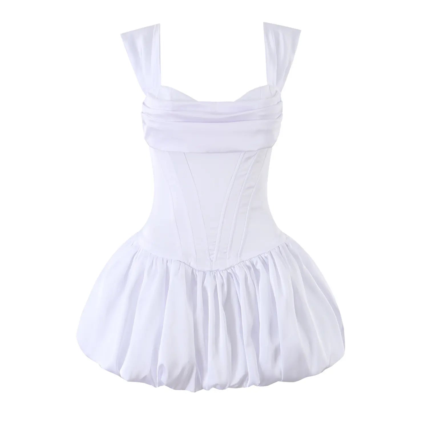Flat front view of white satin sleeveless mini dress with draped bust, corset boning and bubble puffy skirt