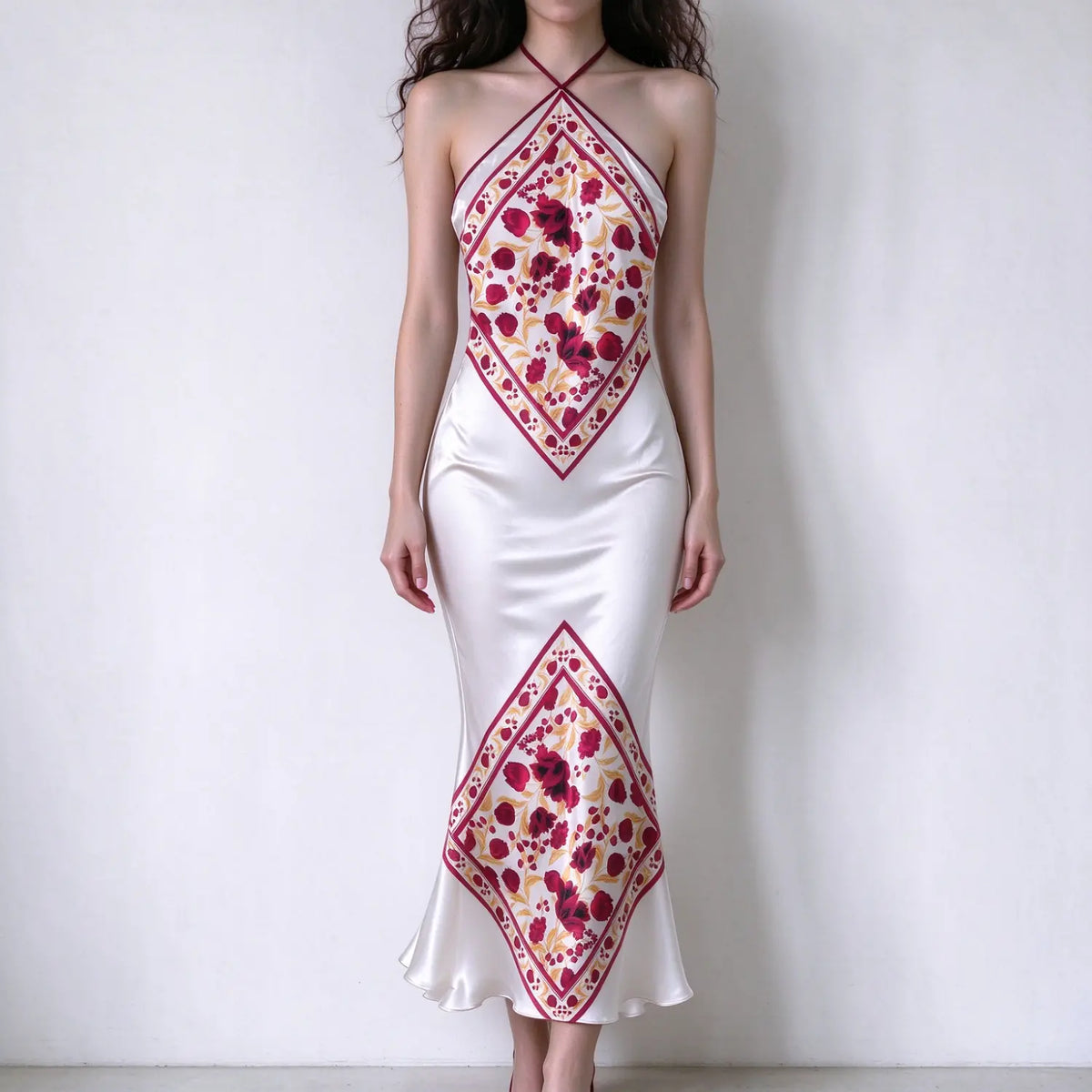 Model in white satin halter maxi slip dress, diamond red floral print panel, mermaid maxi hem, glossy satin fabric, white backdrop