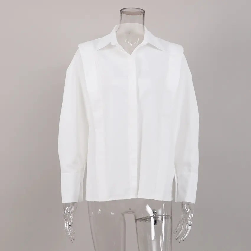 White shoulder strap button front shirt on mannequin, front view