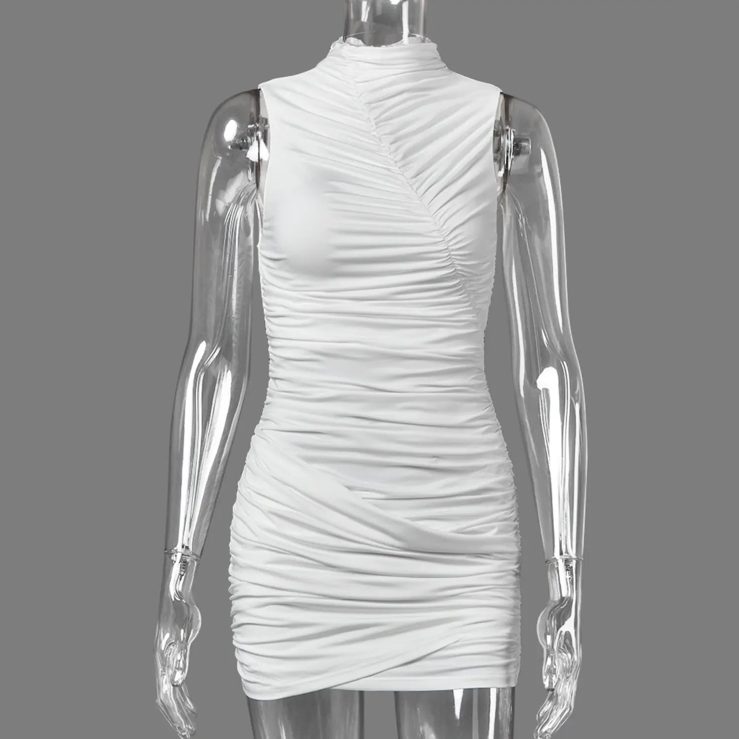 Front view clear mannequin wearing white sleeveless high neck diagonal ruched wrap hem bodycon mini dress