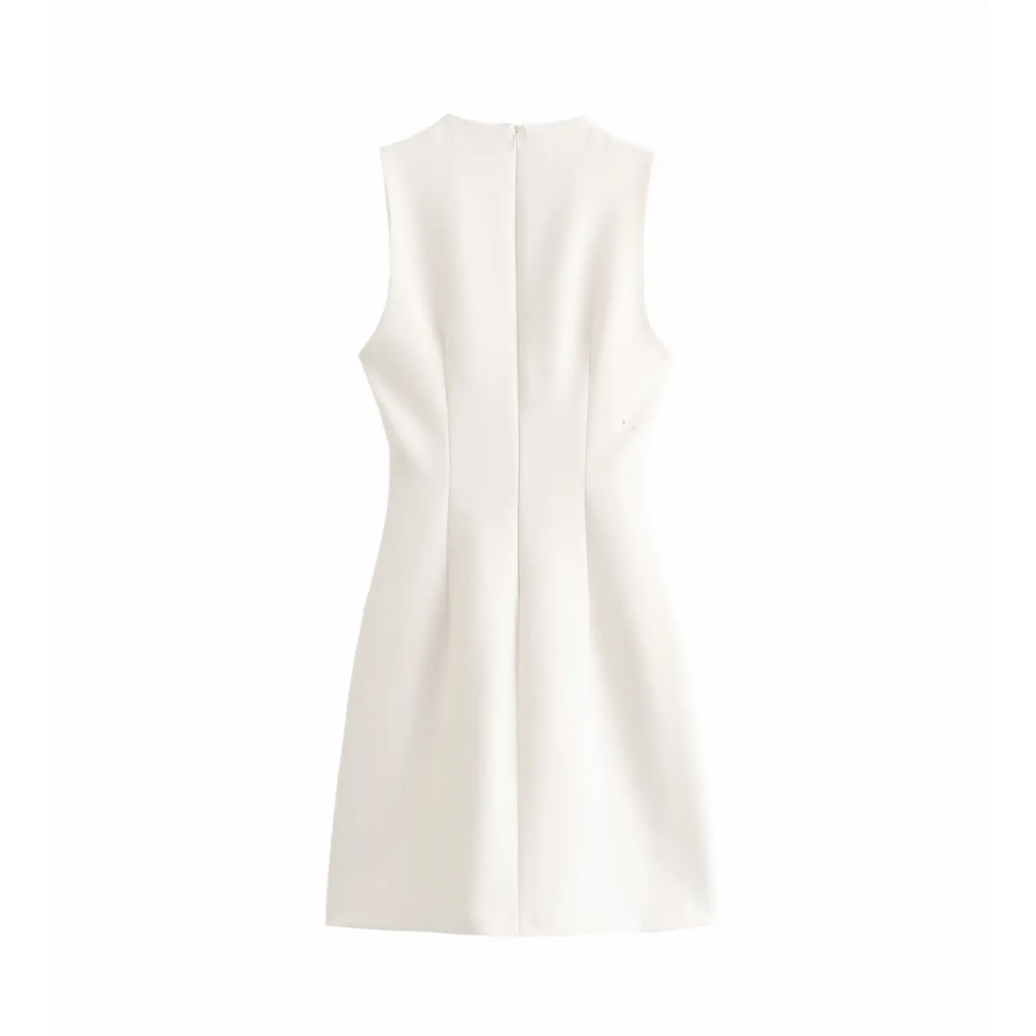 Flat‑lay back view white sleeveless mini dress, center back invisible zipper and tailored dart seams
