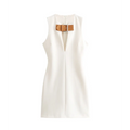 Flat‑lay front view white sleeveless mini dress with brown leather buckle detail and front keyhole cutout