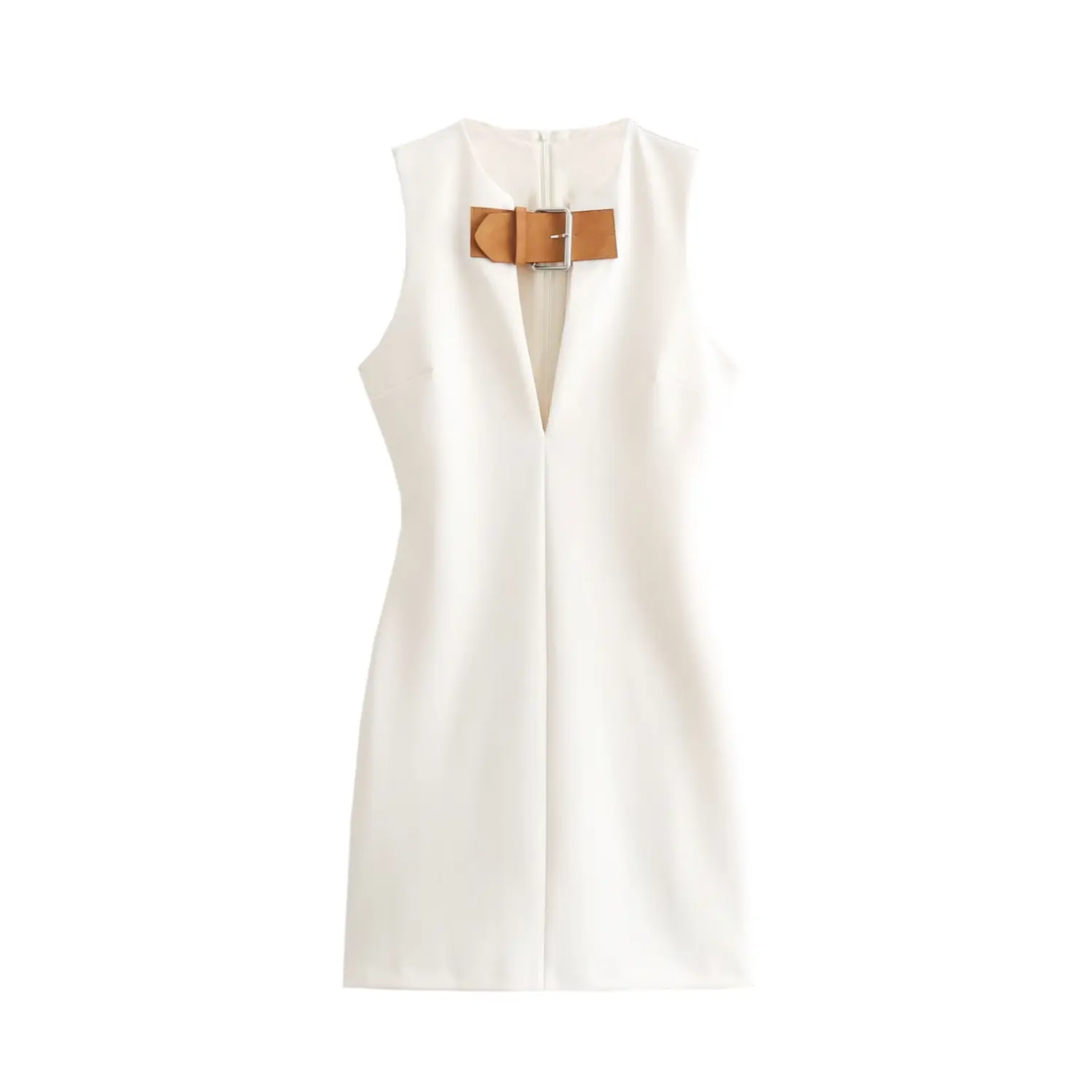 Flat‑lay front view white sleeveless mini dress with brown leather buckle detail and front keyhole cutout