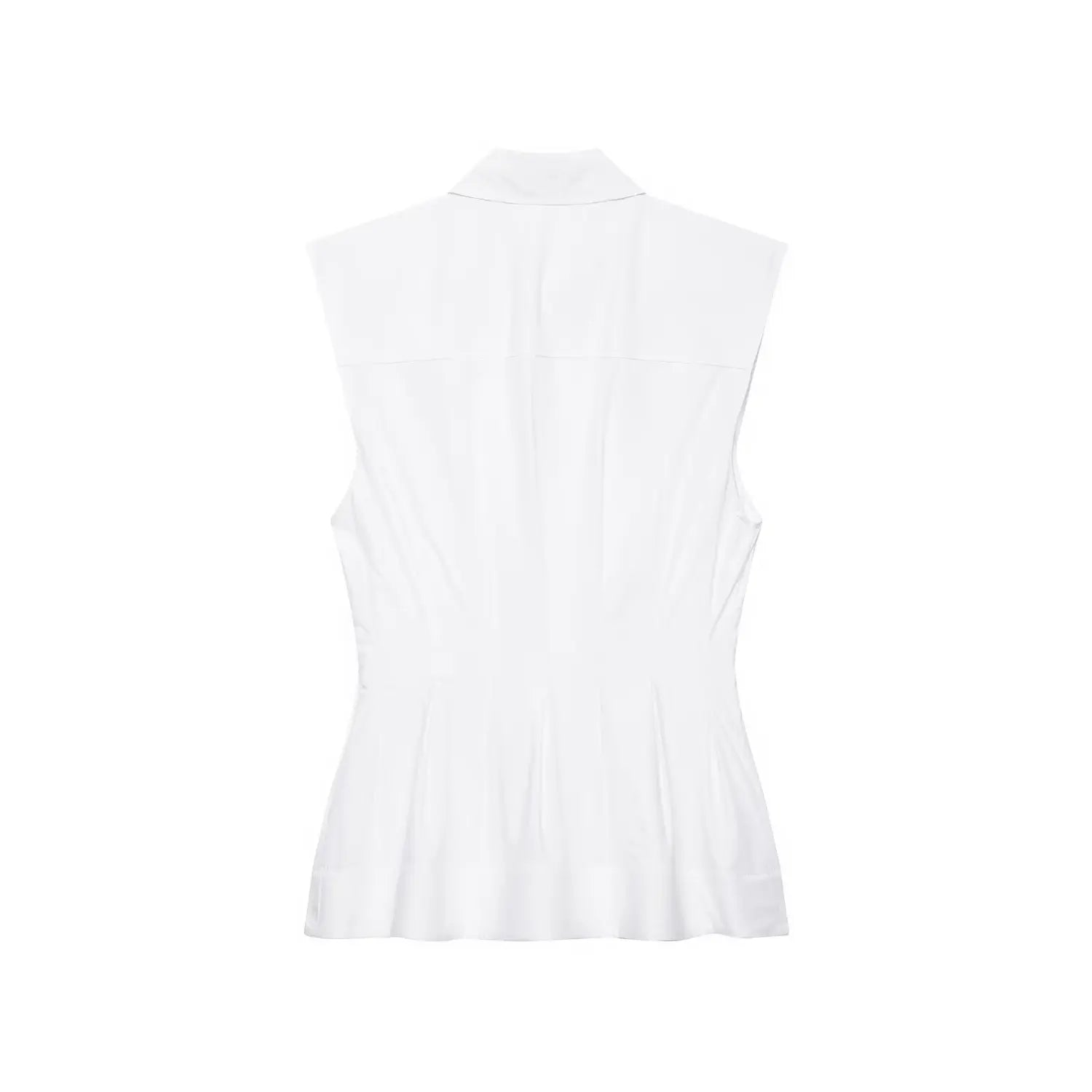  Back flat lay view of white sleeveless collared peplum blouse