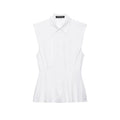 Front flat lay view of white sleeveless collared peplum shirt with fitted waist