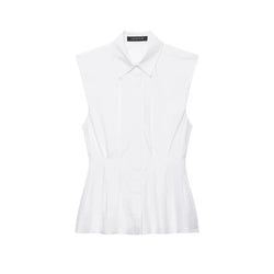 Front flat lay view of white sleeveless collared peplum shirt with fitted waist