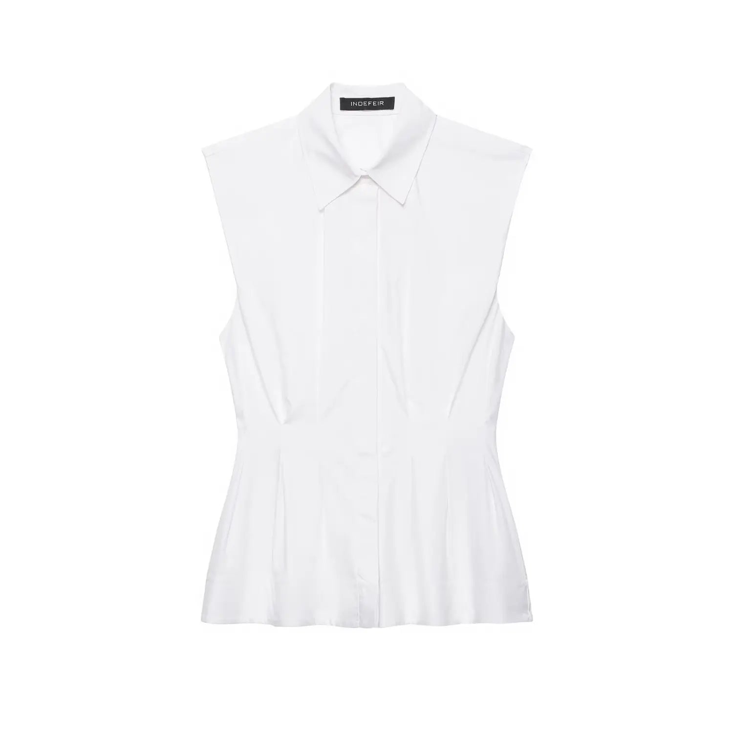 Front flat lay view of white sleeveless collared peplum shirt with fitted waist