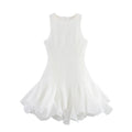 Front view of a white sleeveless dress with a fitted bodice and flared, ruffled hem.