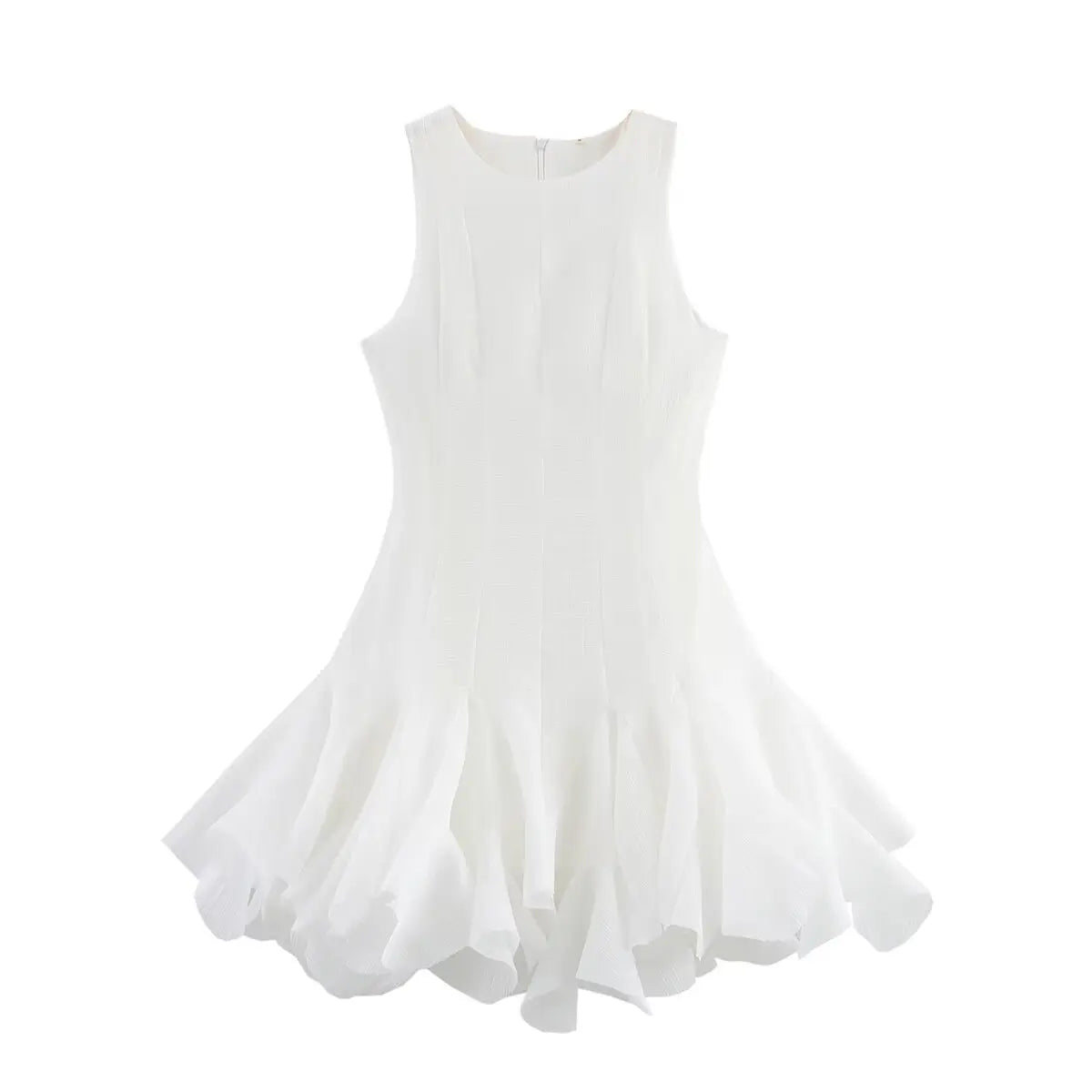 Front view of a white sleeveless dress with a fitted bodice and flared, ruffled hem.