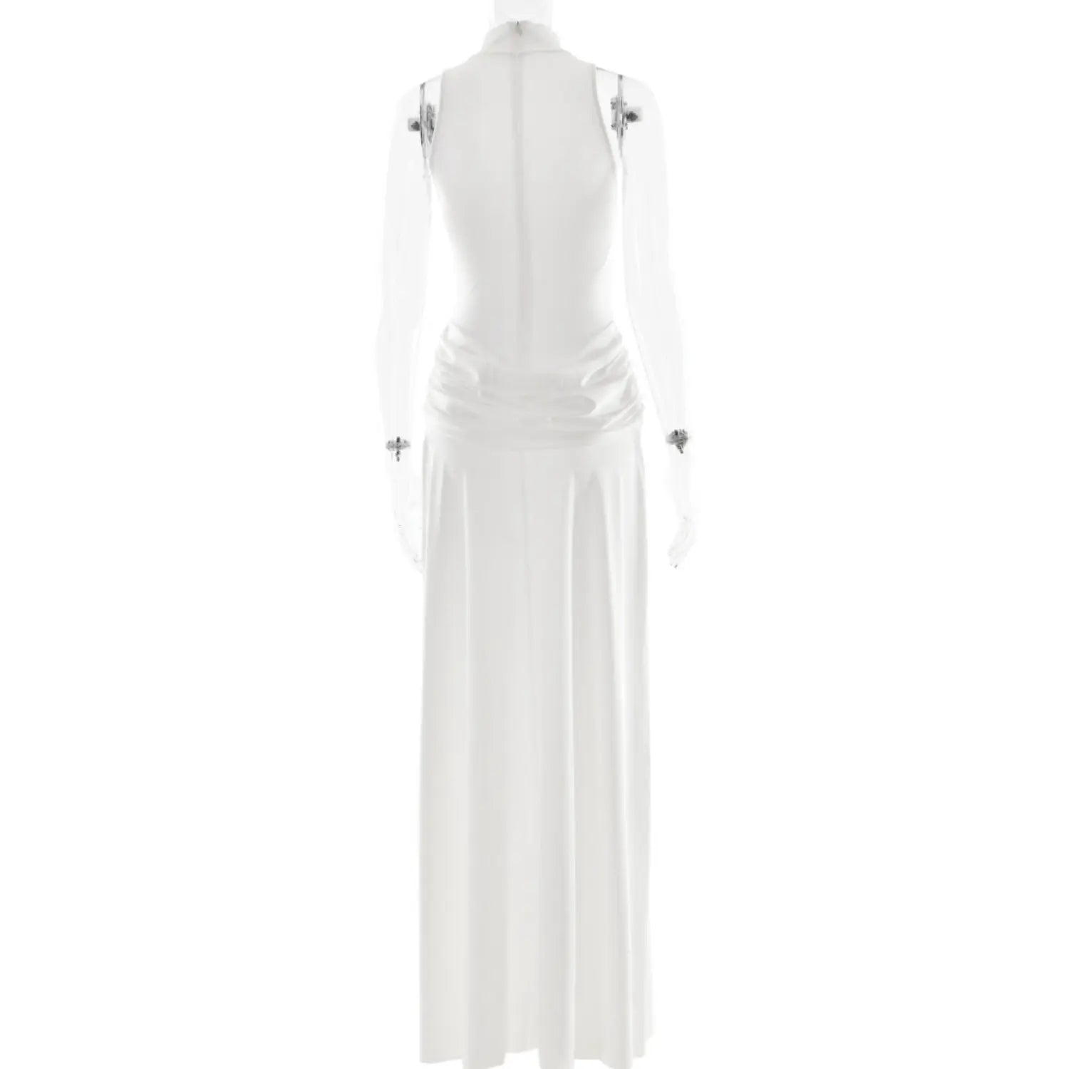 Mannequin back full shot white sleeveless turtleneck maxi dress rear zipper draped waist