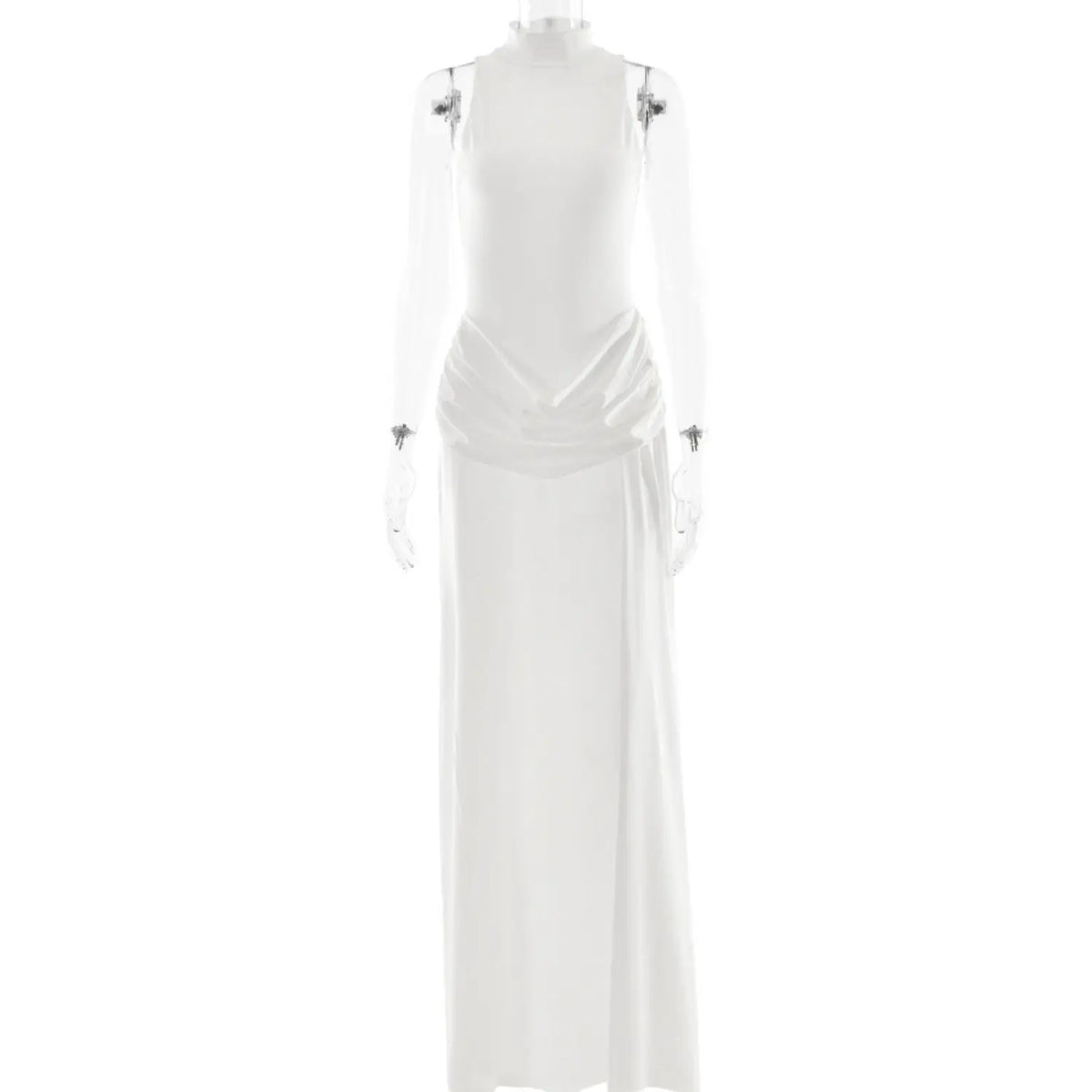 Mannequin front full shot white sleeveless turtleneck maxi dress with draped waist detail