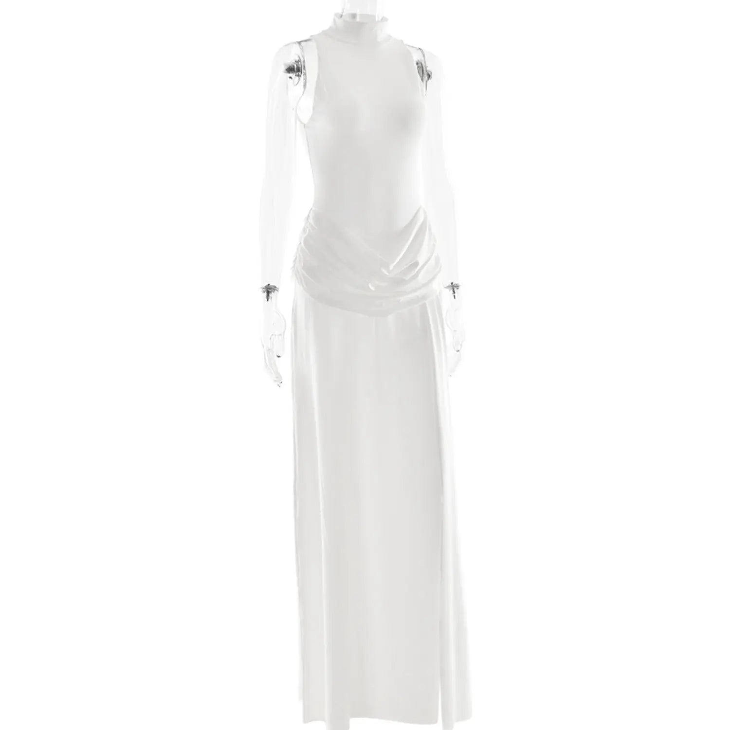 Mannequin side view white sleeveless turtleneck maxi dress draped waist long floor length skirt