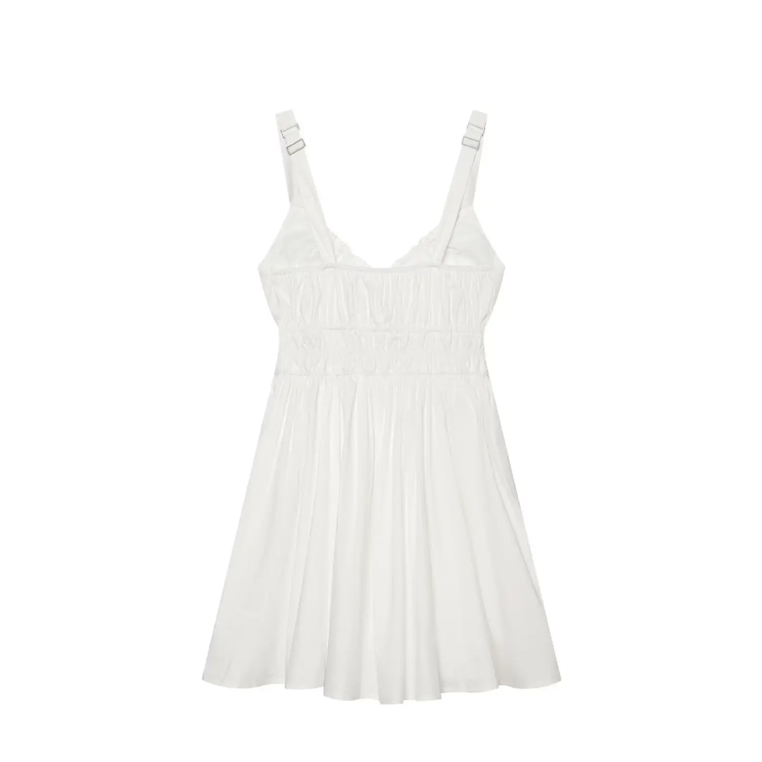 Back flat view of white cami mini dress, smocked waist panel, adjustable buckle shoulder straps