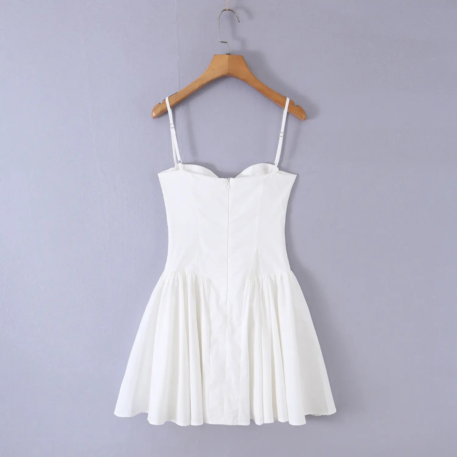 Back view white sweetheart cami mini dress, invisible center back zipper, adjustable thin straps