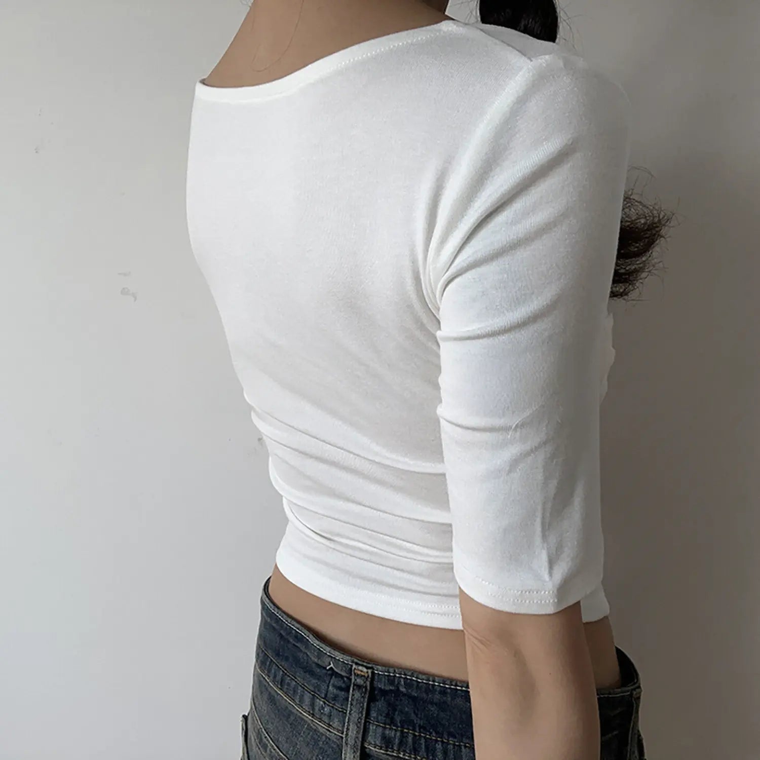 White square neck midi sleeve crop t shirt, back view ruched waist stretch slim fit women y2k casual top