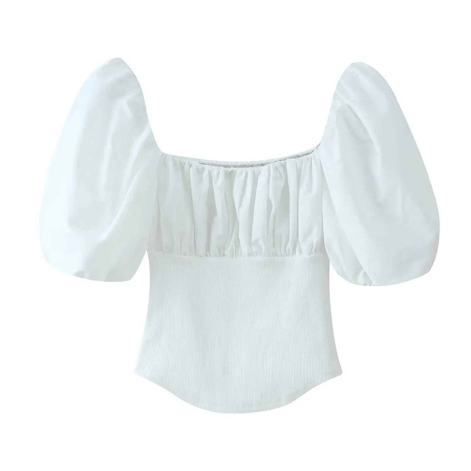 Studio white background full front shot of white square neck crop blouse, elastic gathered bust, balloon puff short sleeves, mixed woven & rib knit fabric, curved shark hem slim fit top