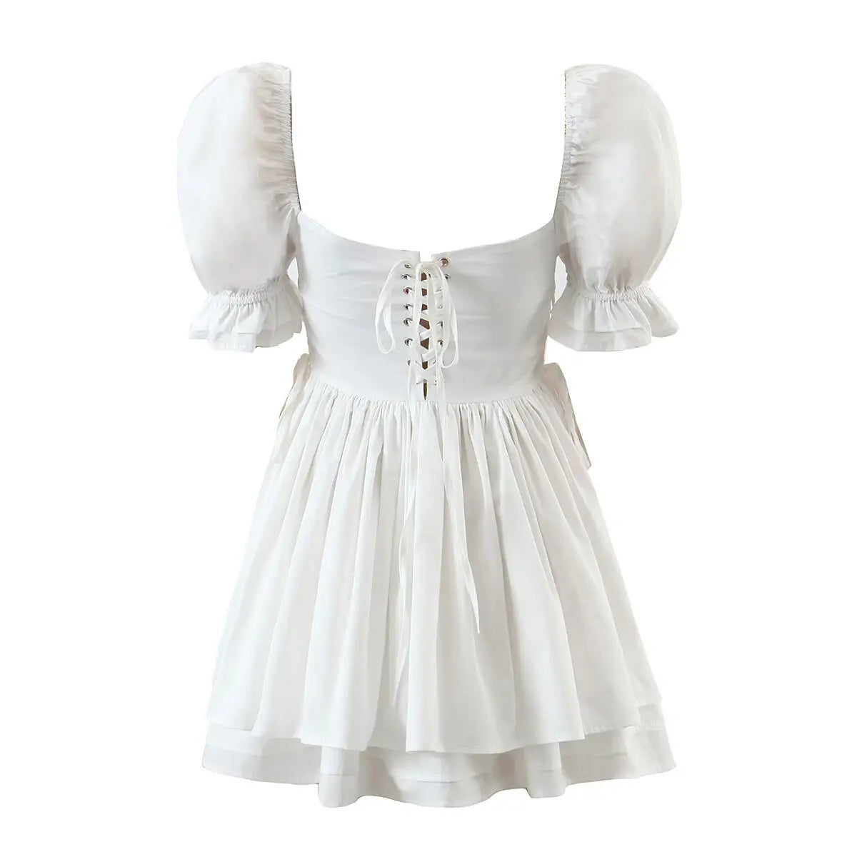 Full back view of the dress, featuring corset-style lace-up closure, puffed sleeves, and tiered skirt.