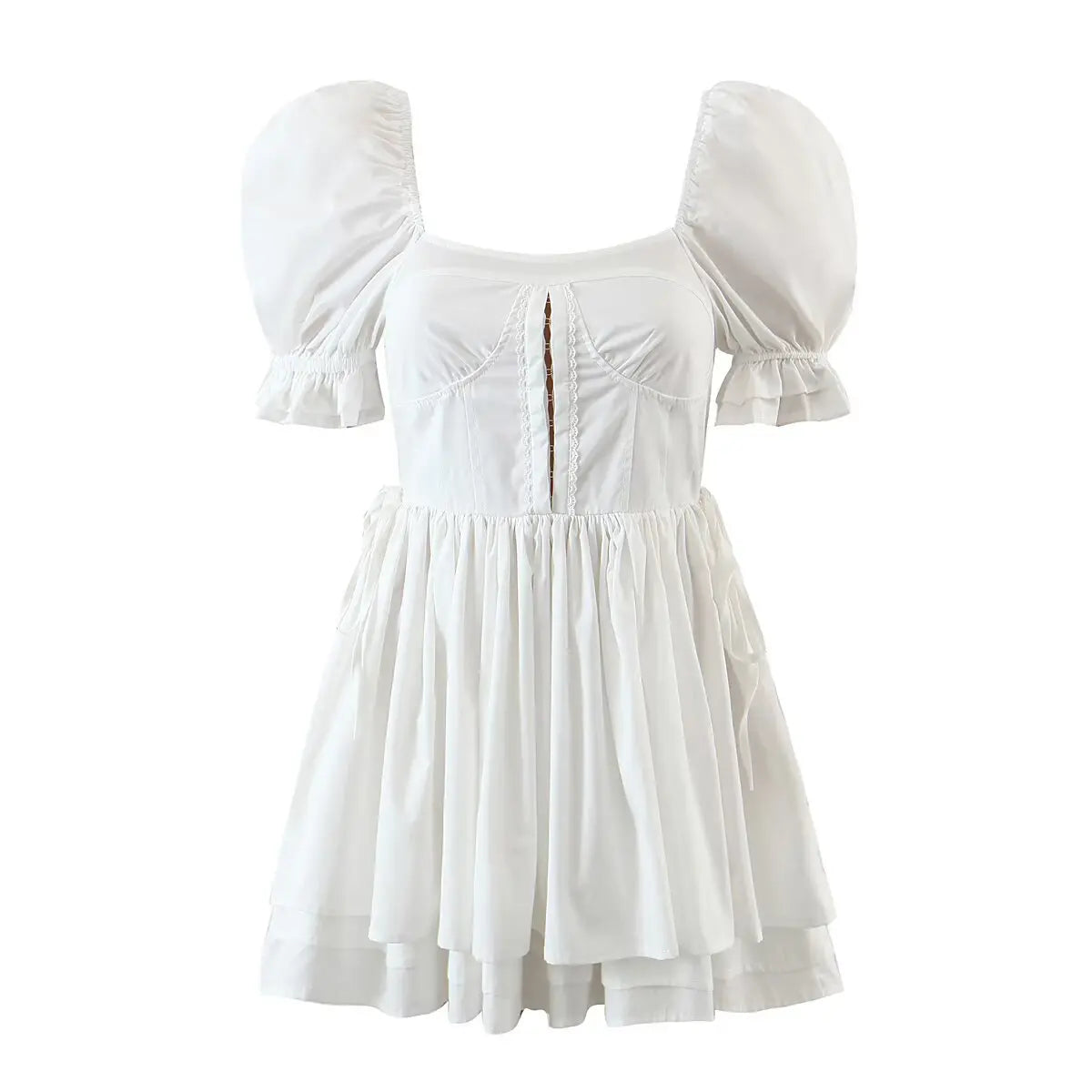 Full front view of the dress, showing the lace-trimmed corset bodice and tiered gathered skirt.