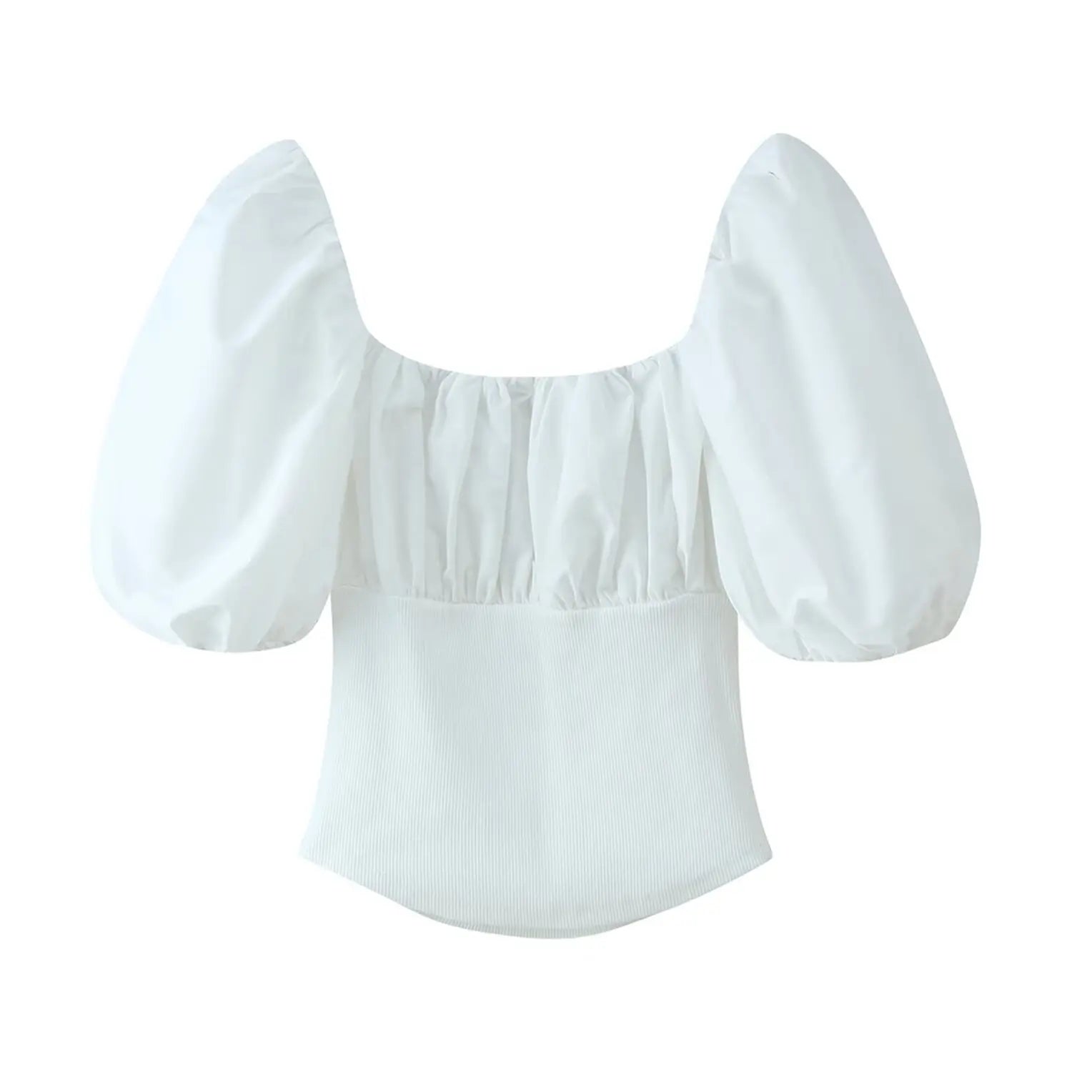 Complete flat back view of white mixed fabric blouse, square elastic neckline, gathered bust panel, fitted rib waist with curved bottom hem