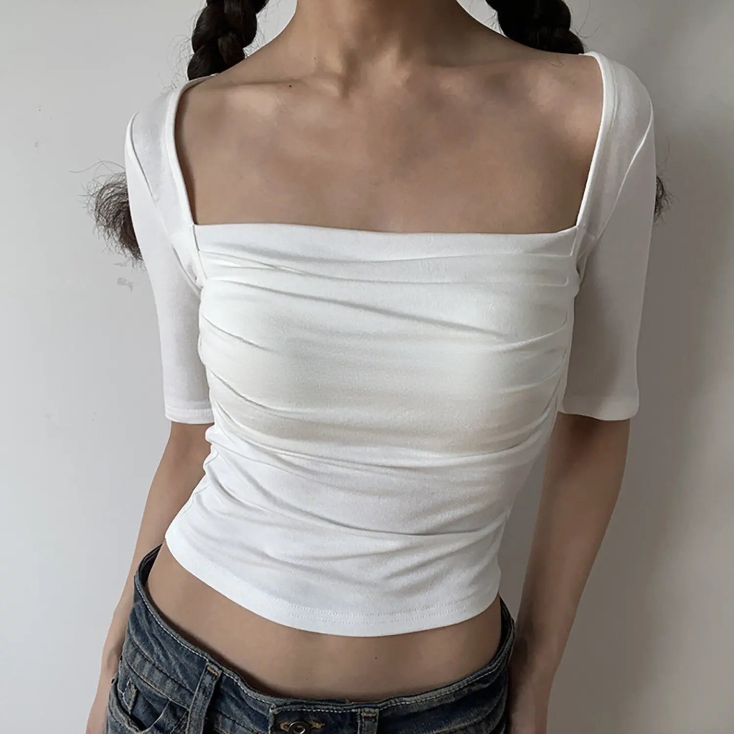 White square neck slim fit crop top, front ruched bust midi short sleeve stretch women y2k casual tee