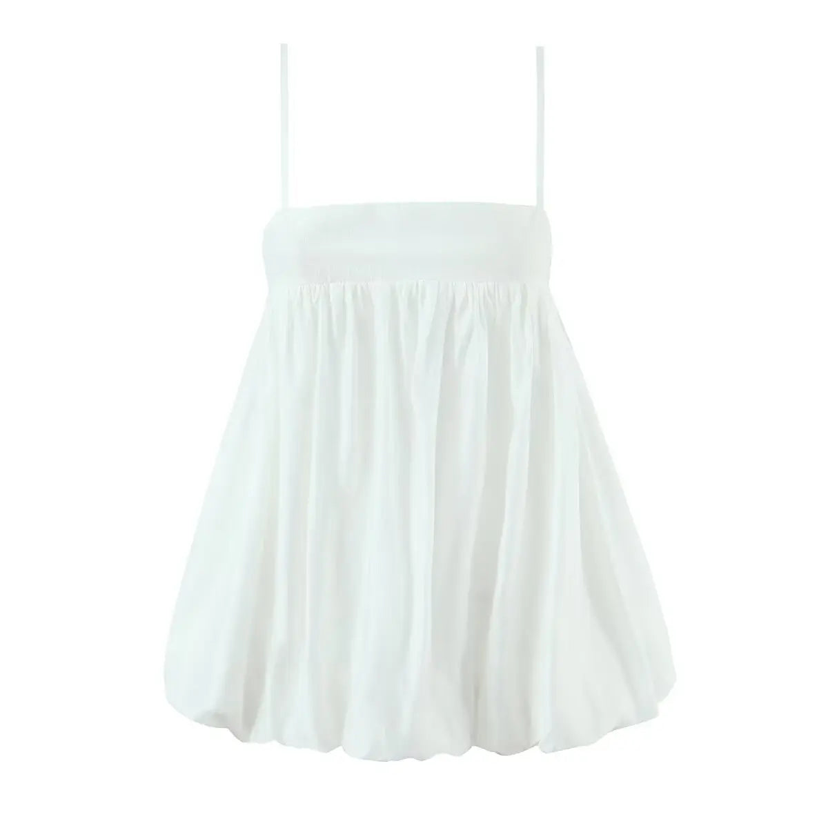  Flat lay view of the dress, featuring a smocked bodice, adjustable straps, and voluminous bubble hem.