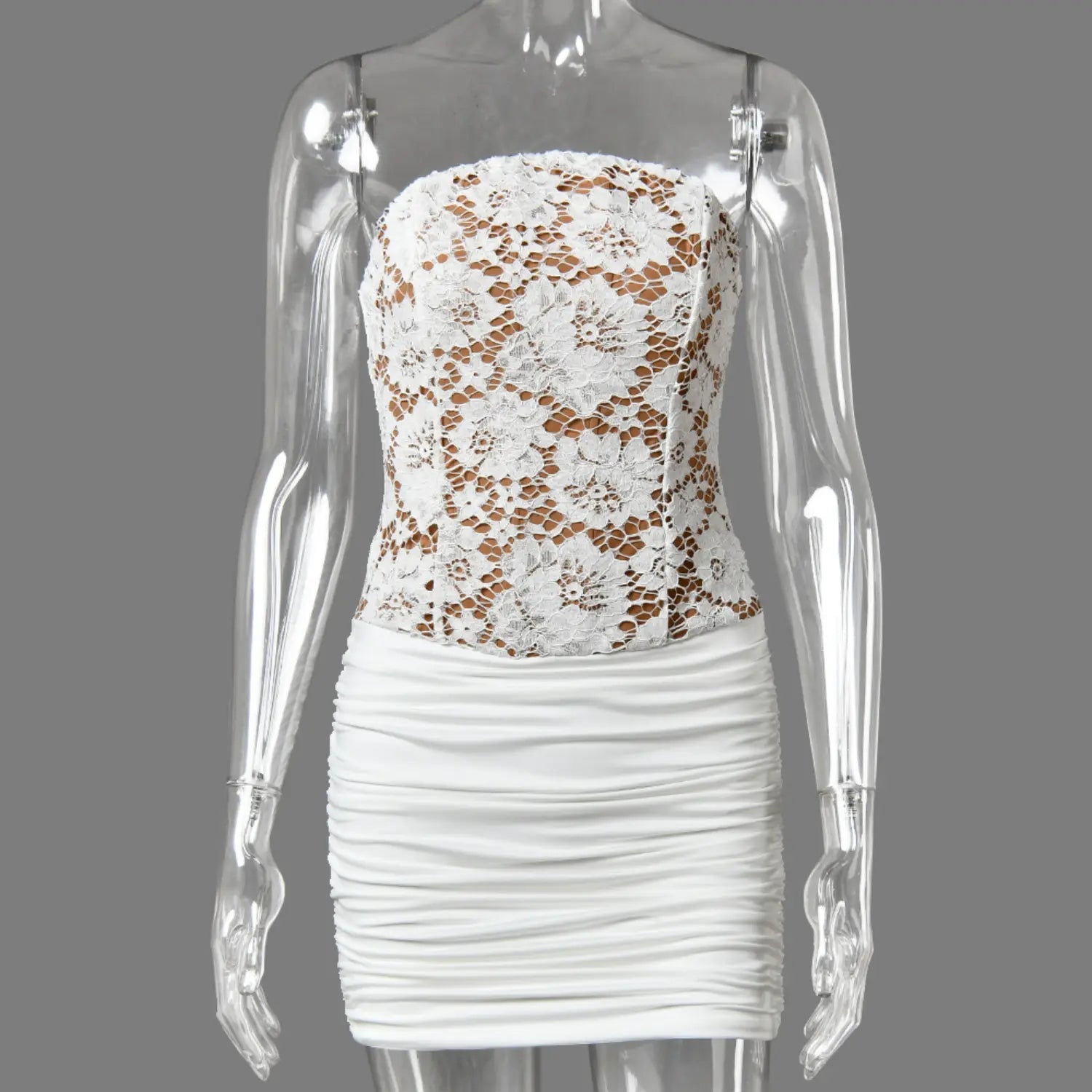 Mannequin front view white strapless floral lace bodice ruched bodycon mini dress