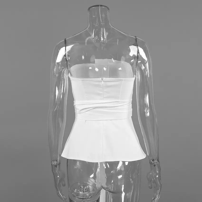 White strapless tie waist peplum top on mannequin, back view