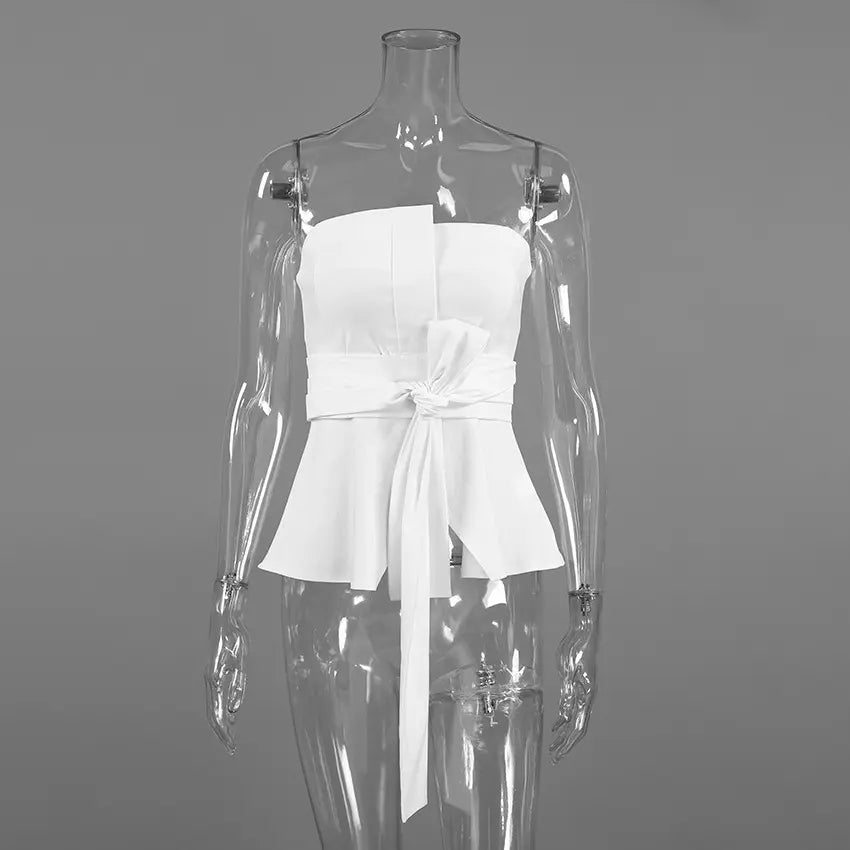 White strapless tie waist peplum top on mannequin, full front view