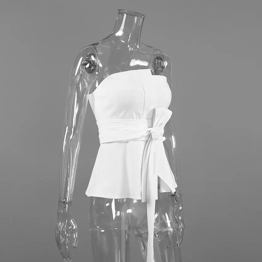 White strapless tie waist peplum top on mannequin, front view