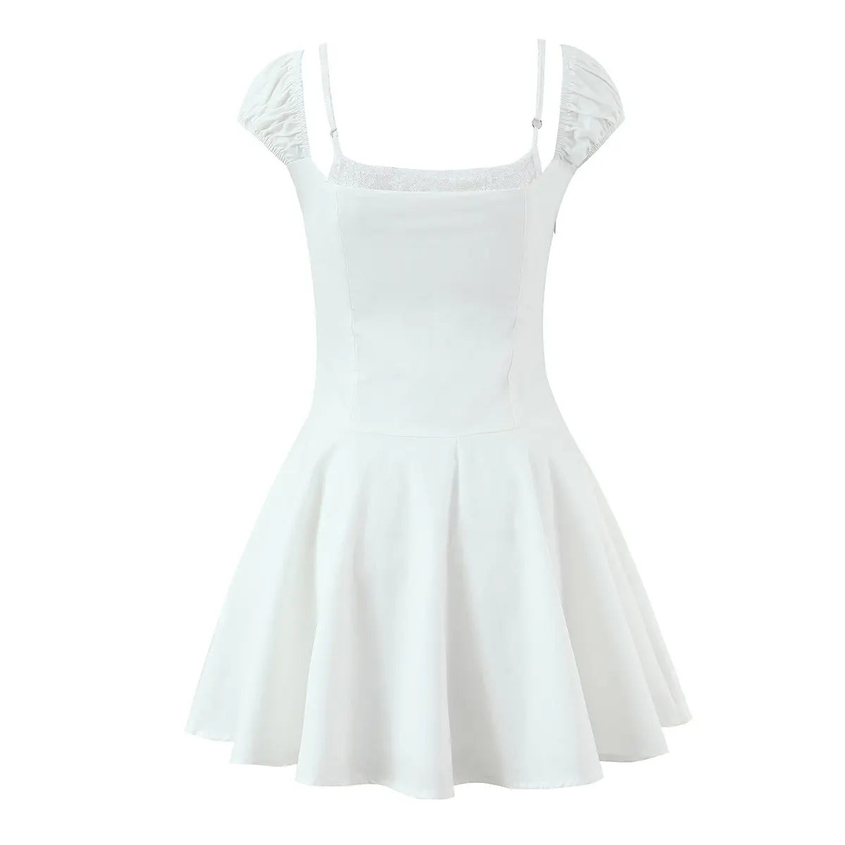 Full back view on white background of the white sweetheart puff-sleeve corset mini dress, showing the square back neckline