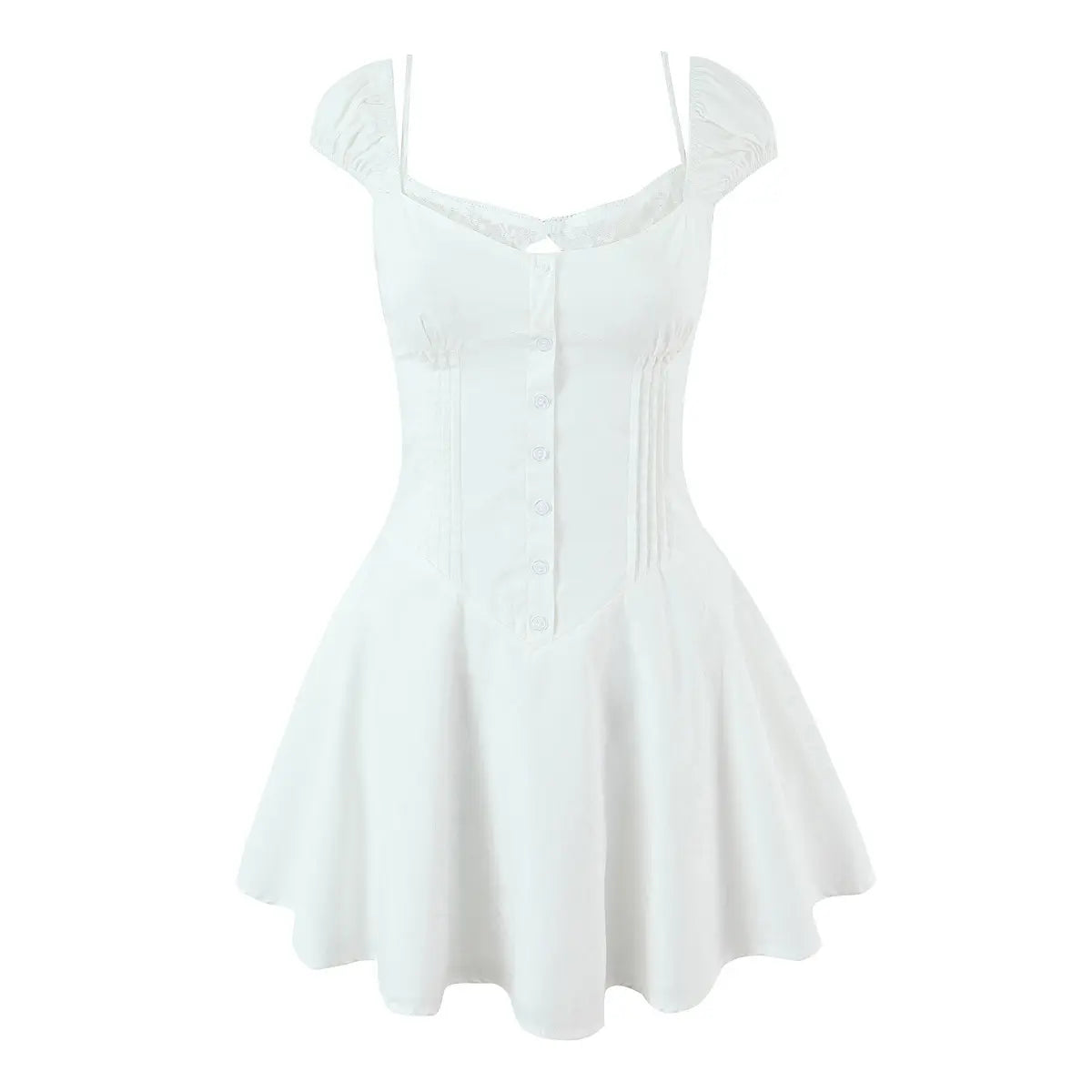 Full front view on white background of the white sweetheart puff-sleeve corset mini dress
