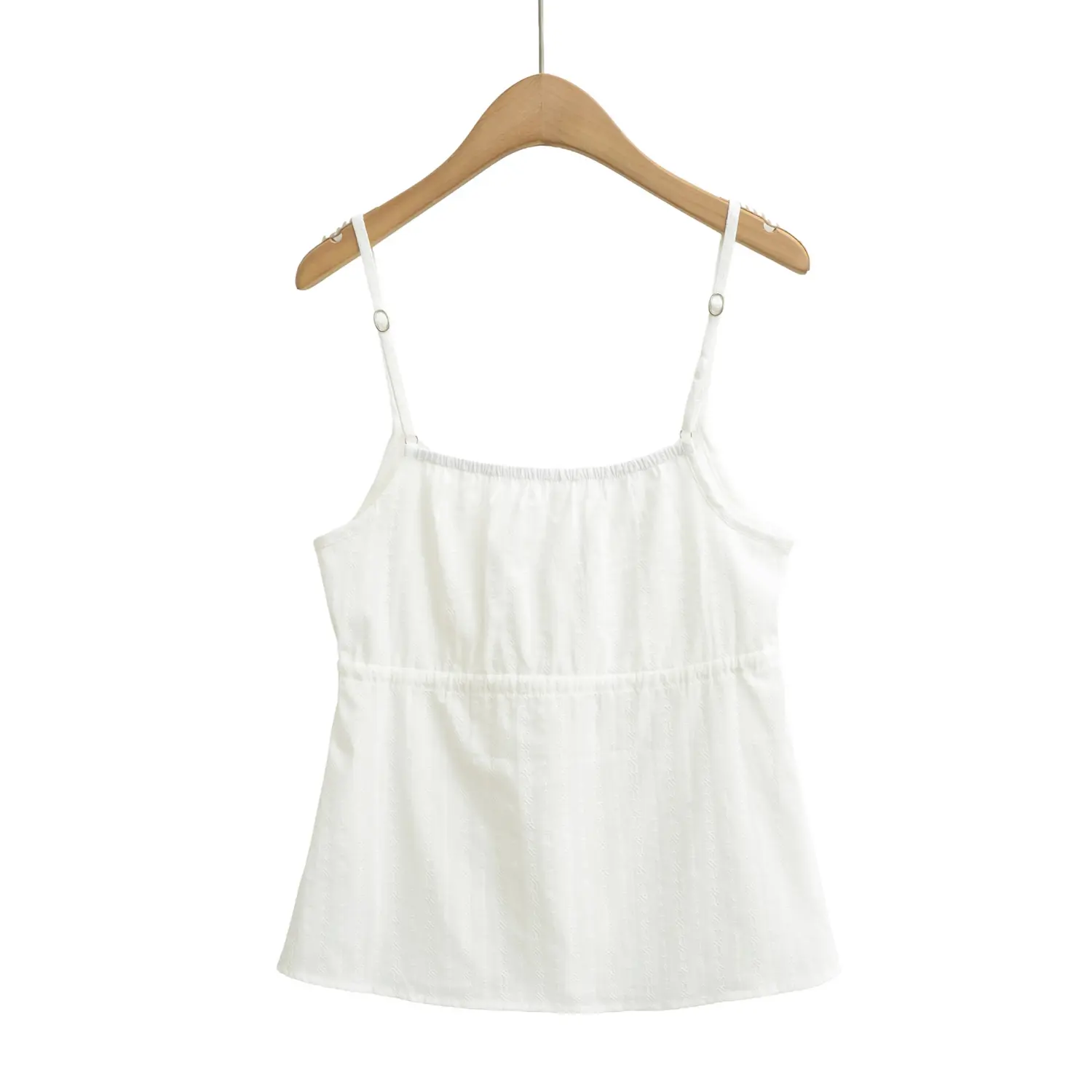Back view of a white textured camisole top on a wooden hanger, showing the elasticated back neckline