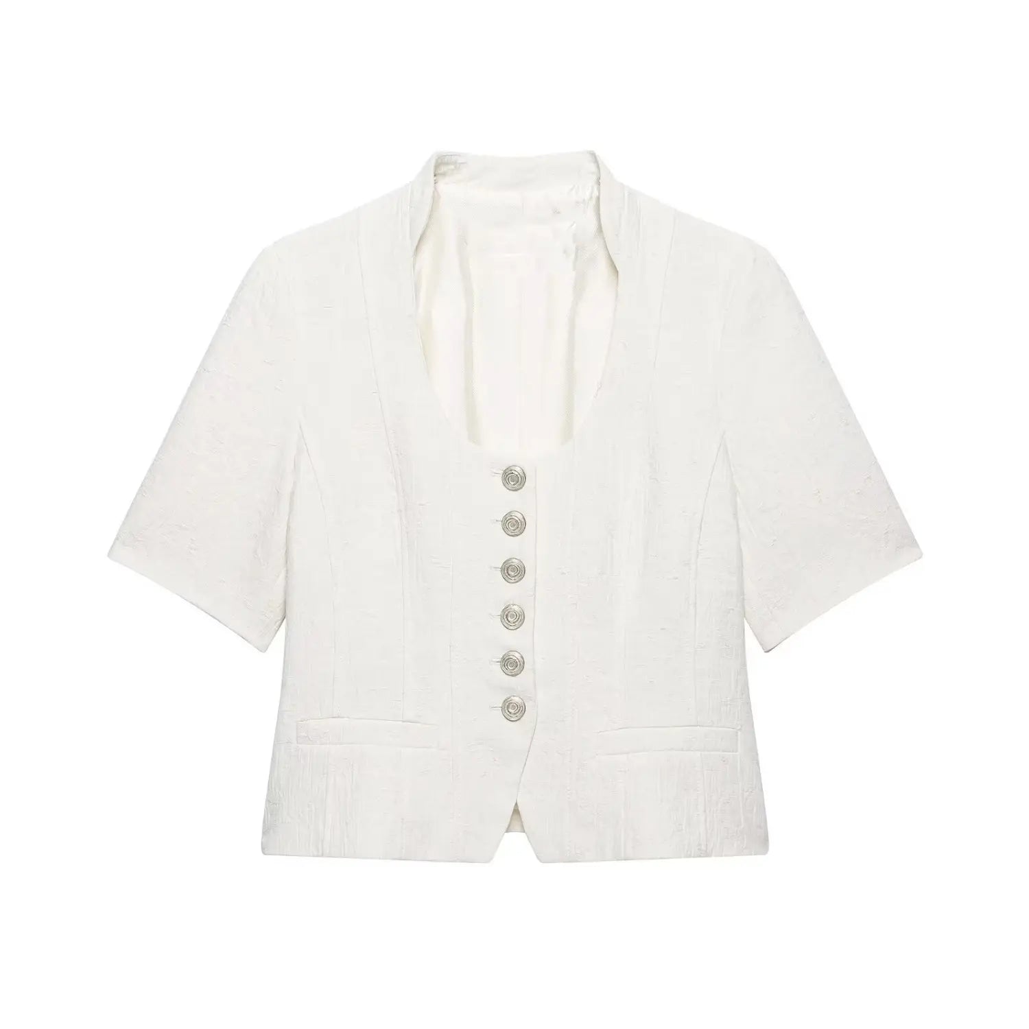 Flat‑lay front view of white textured cropped short sleeve jacket, u‑neck, decorative silver spiral buttons, front patch pockets, white background